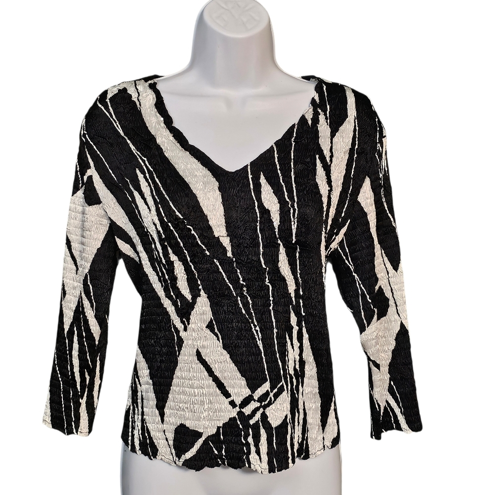 Alberto Makali Top M Black White Abstract Art To Wear Crinkle V-Neck Y2K Boho